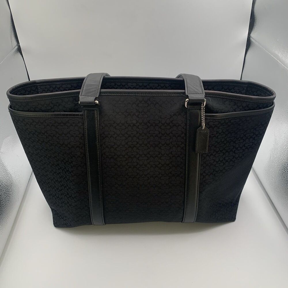 Coach F77344 Signature Canvas Tote Bag Black Shoulder Purse Leather Trim